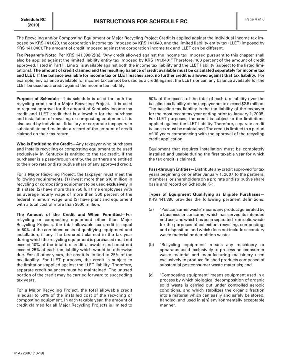 Form 41A720RC Schedule RC Application for Income Tax / Llet Credit for Recycling and / or Composting Equipment or Major Recycling Project - Kentucky, Page 4