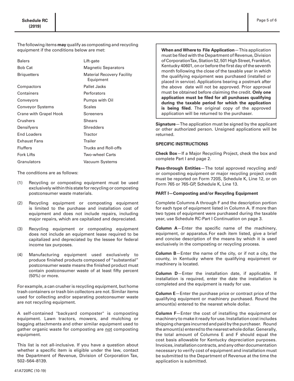 Form 41A720RC Schedule RC Application for Income Tax / Llet Credit for Recycling and / or Composting Equipment or Major Recycling Project - Kentucky, Page 5