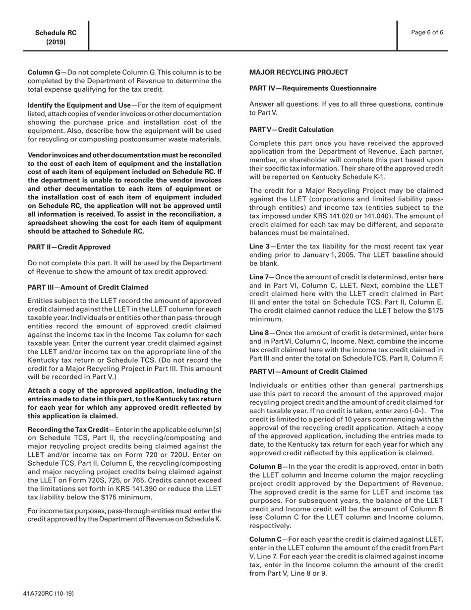 Form 41A720RC Schedule RC Application for Income Tax / Llet Credit for Recycling and / or Composting Equipment or Major Recycling Project - Kentucky, Page 6