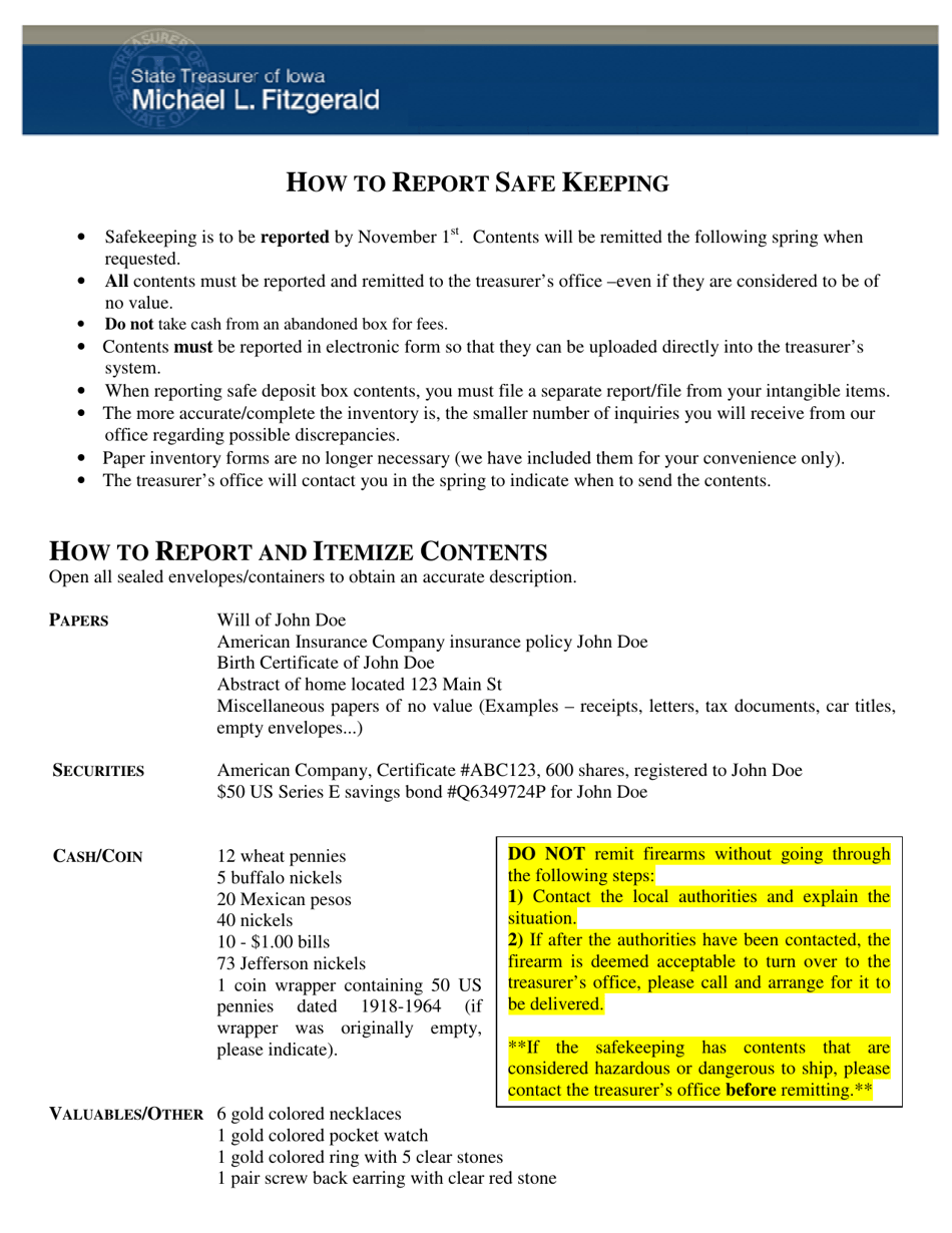 Safe Deposit Box Report Form - Iowa, Page 1