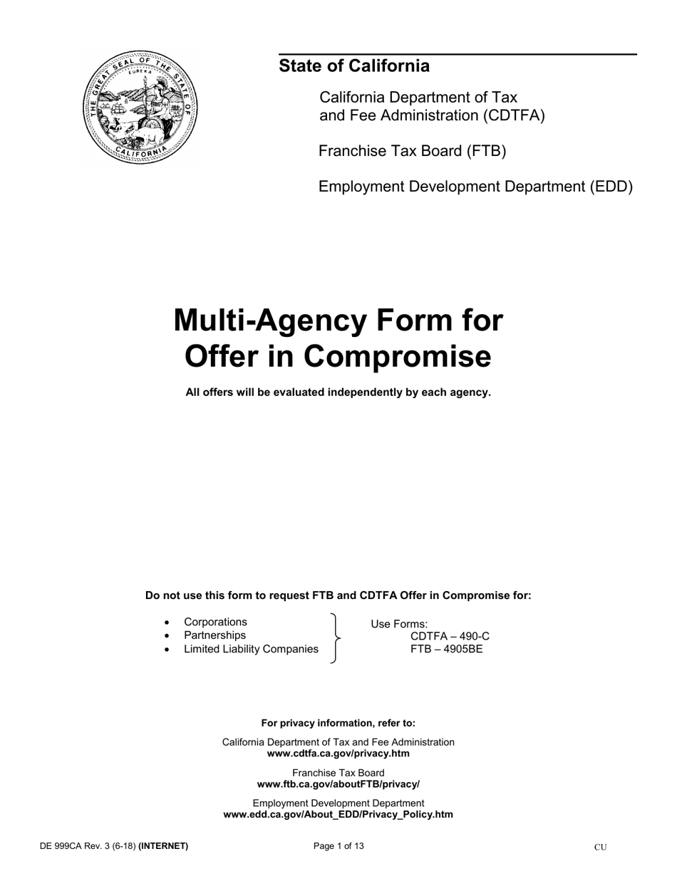 Form DE999CA Multi-Agency Form for Offer in Compromise - California, Page 1
