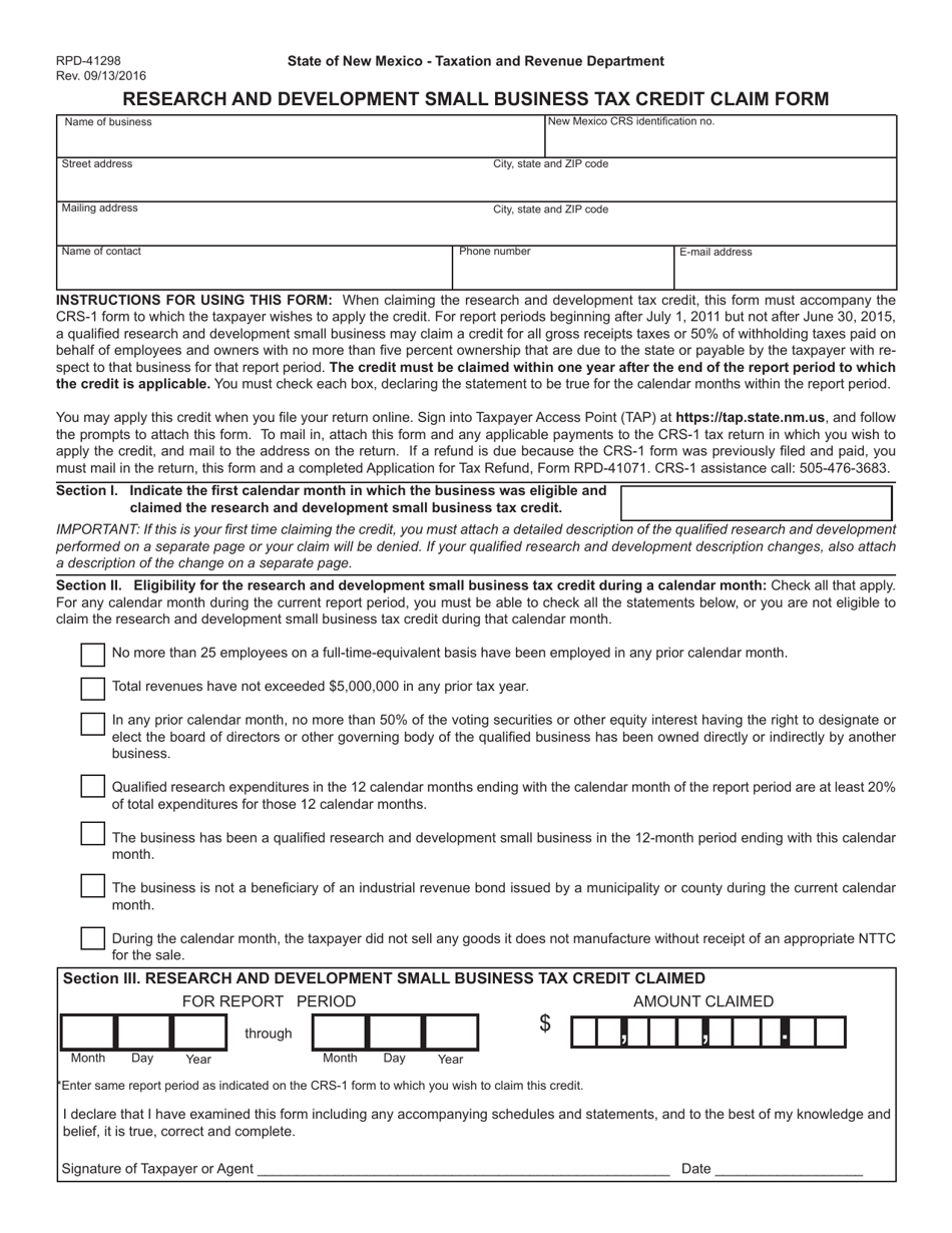 Form RPD-41298 Research and Development Small Business Tax Credit Claim Form - New Mexico, Page 1