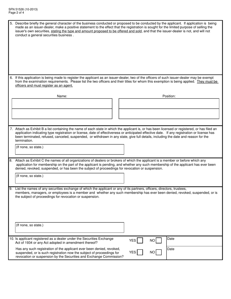 Form S-4 (SFN51526) Application for Registration as a Dealer - North Dakota, Page 2