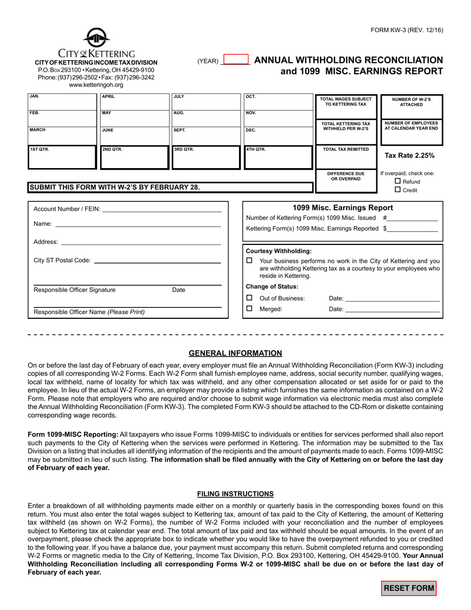 Form KW3 Fill Out, Sign Online and Download Fillable PDF, City of