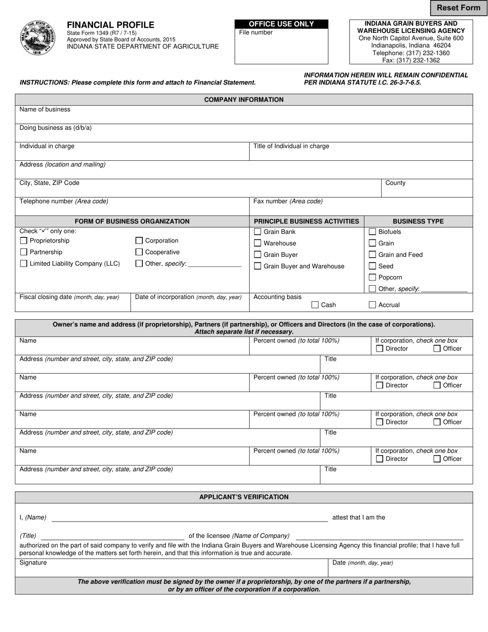 State Form 1349 Financial Profile - Indiana, Page 1