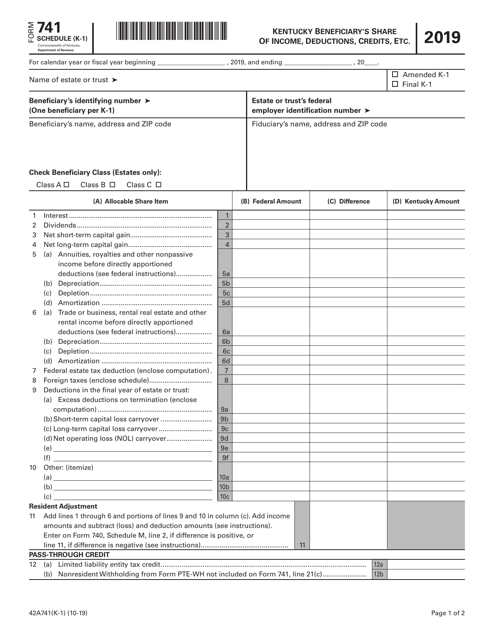 Form 741 (42A741(K-1)) Schedule K-1 Printable Pdf