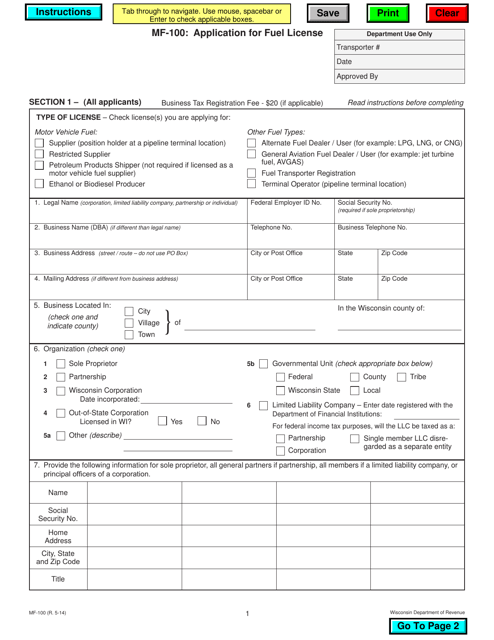 Form MF-100 Application for Fuel License - Wisconsin