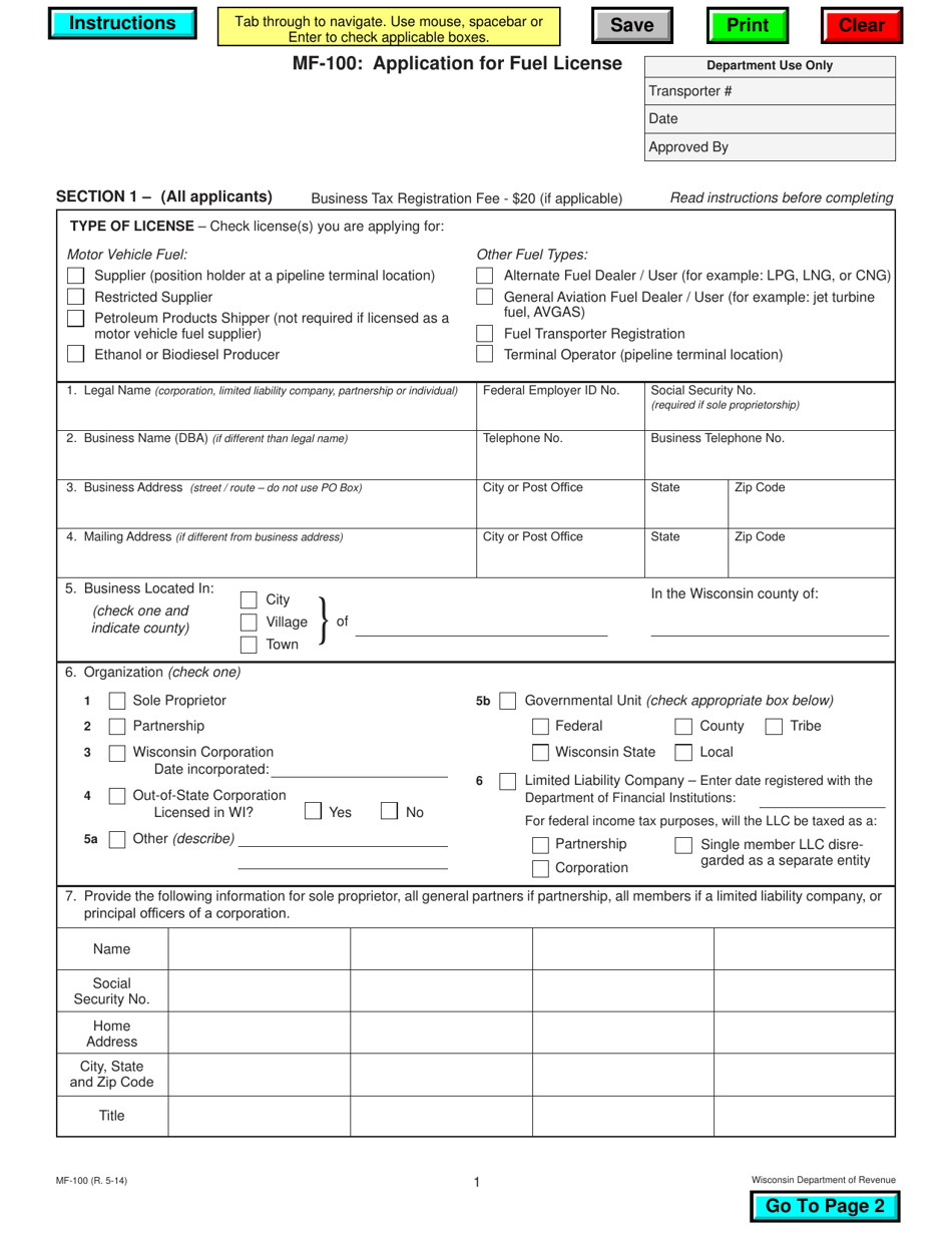 Form MF-100 Application for Fuel License - Wisconsin, Page 1