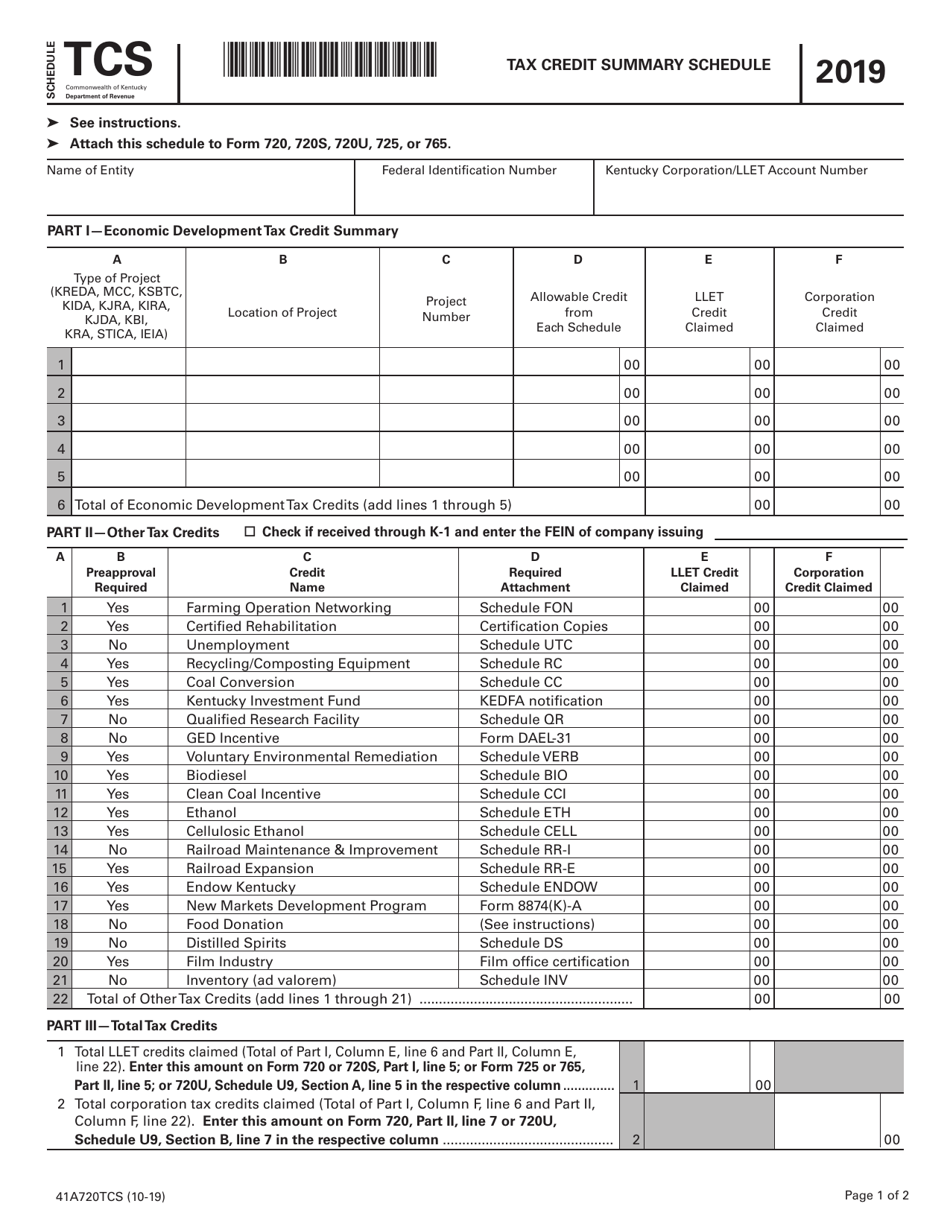 Form 41A720TCS Schedule TCS Tax Credit Summary Schedule - Kentucky, Page 1