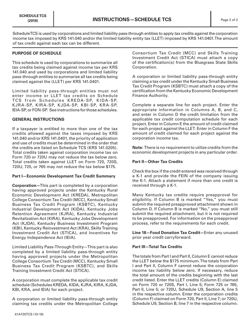 Form 41A720TCS Schedule TCS Tax Credit Summary Schedule - Kentucky, Page 2