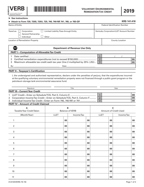 Form 41A720VERB Schedule VERB Voluntary Environmental Remediation Tax Credit - Kentucky, 2019