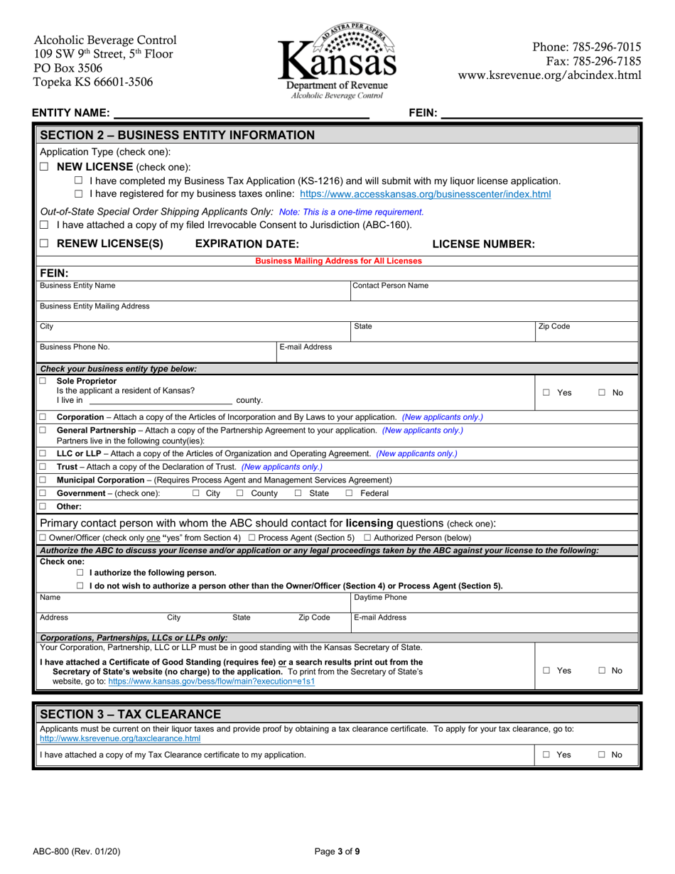 Form ABC-800 Kansas Liquor License Application - Kansas, Page 3