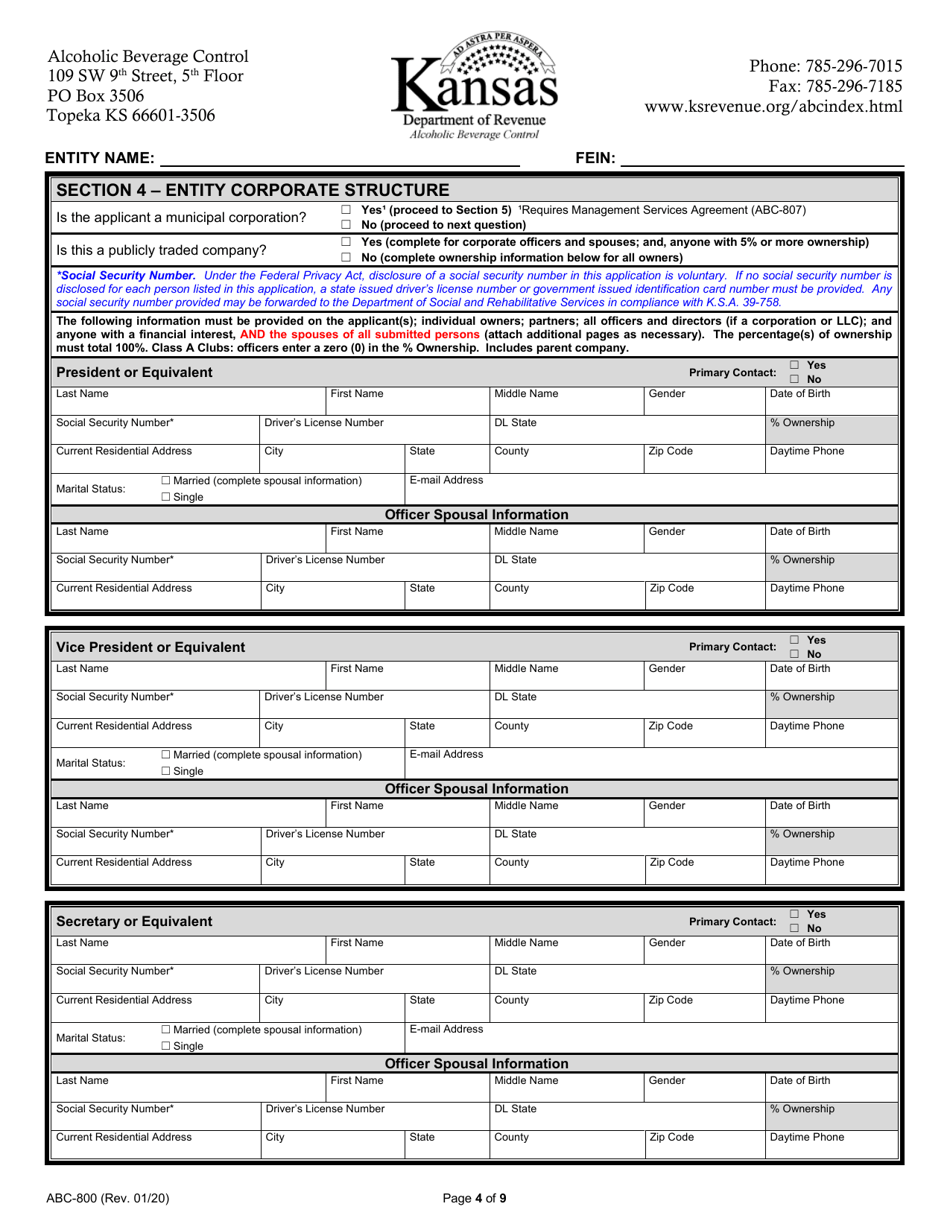 Form ABC-800 Kansas Liquor License Application - Kansas, Page 4