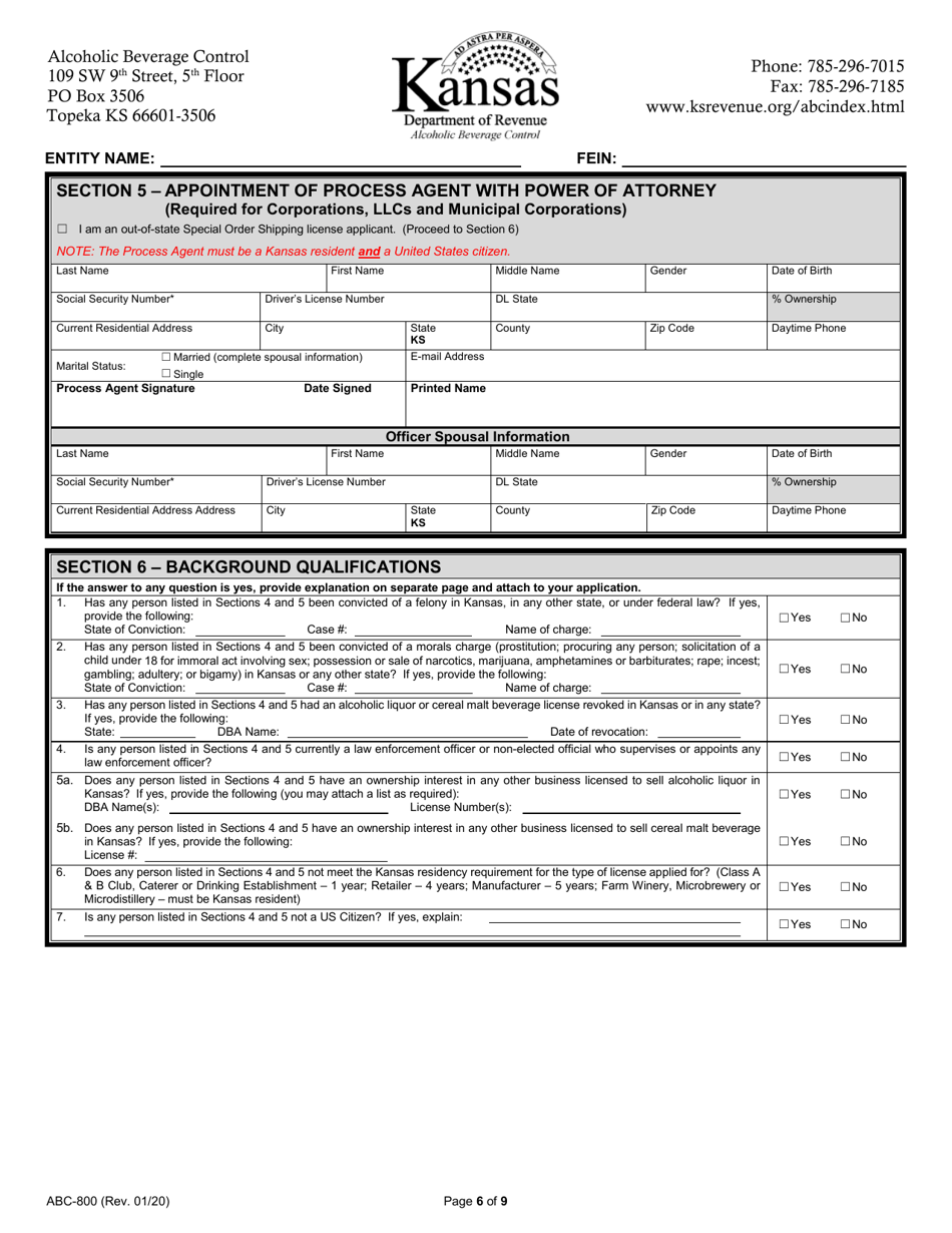 Form ABC-800 Kansas Liquor License Application - Kansas, Page 6