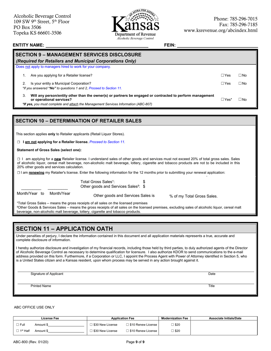 Form ABC-800 Kansas Liquor License Application - Kansas, Page 9