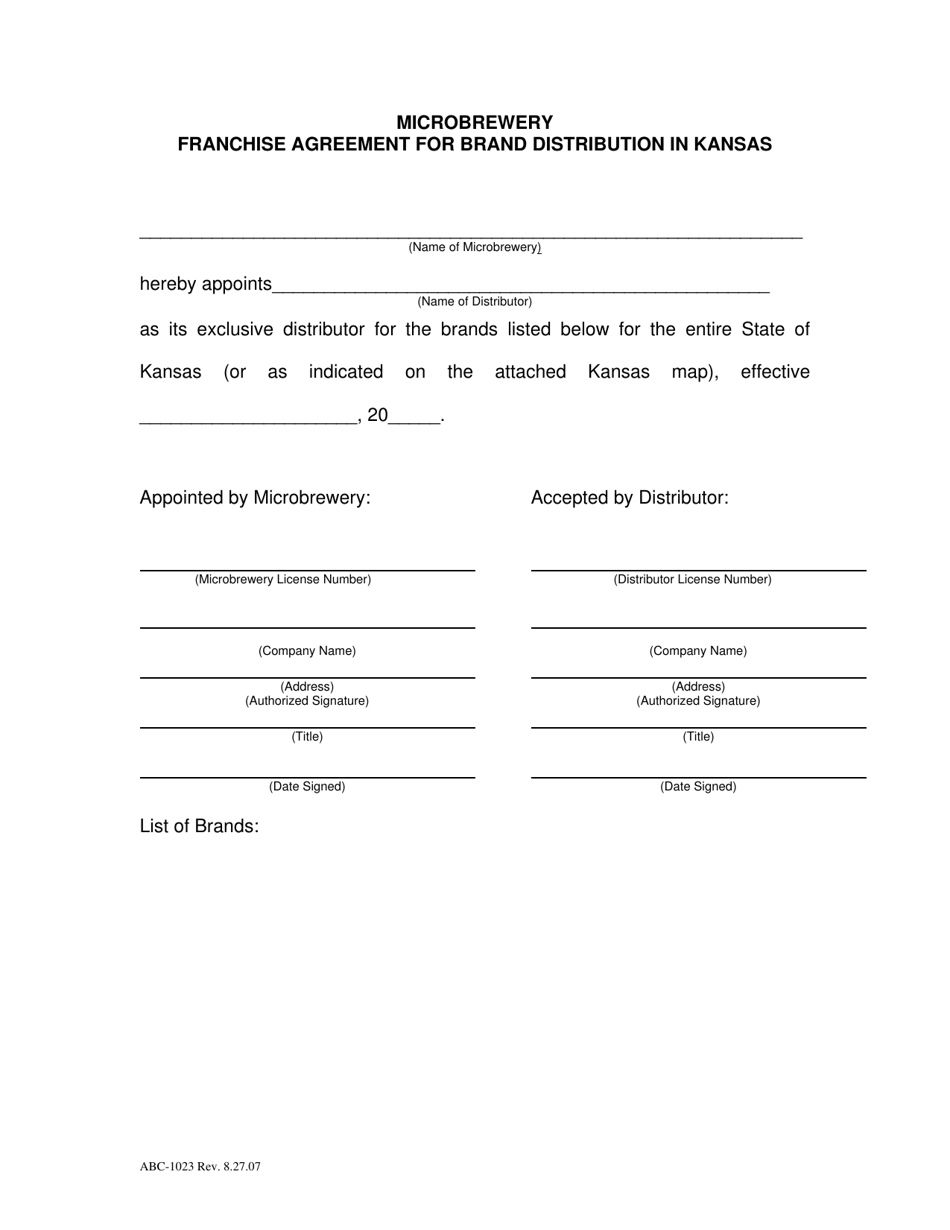 Form ABC-1023 Microbrewery Franchise Agreement for Brand Distribution in Kansas - Kansas, Page 1