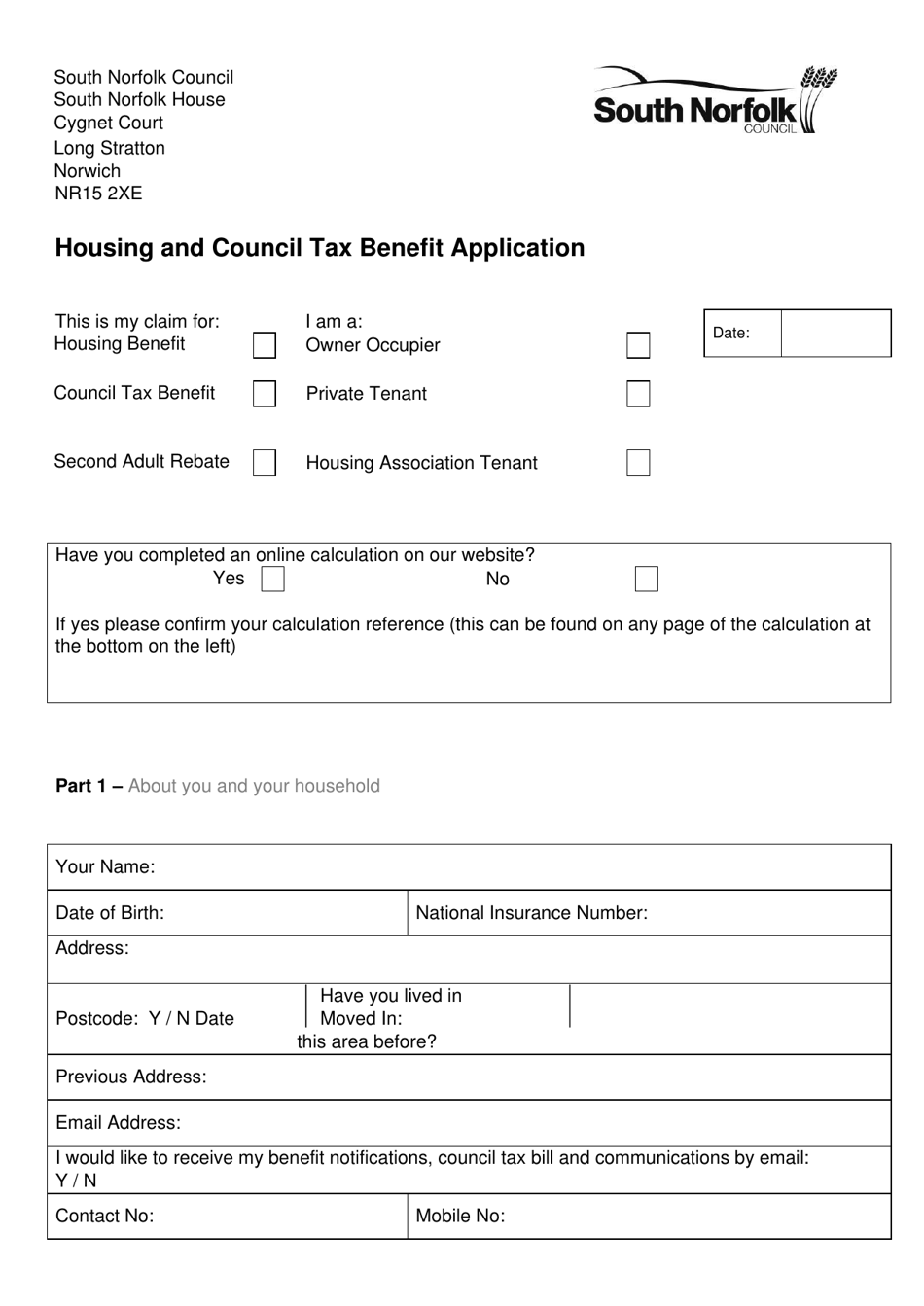 Housing and Council Tax Benefit Application - South Norfolk, Norfolk, United Kingdom, Page 2