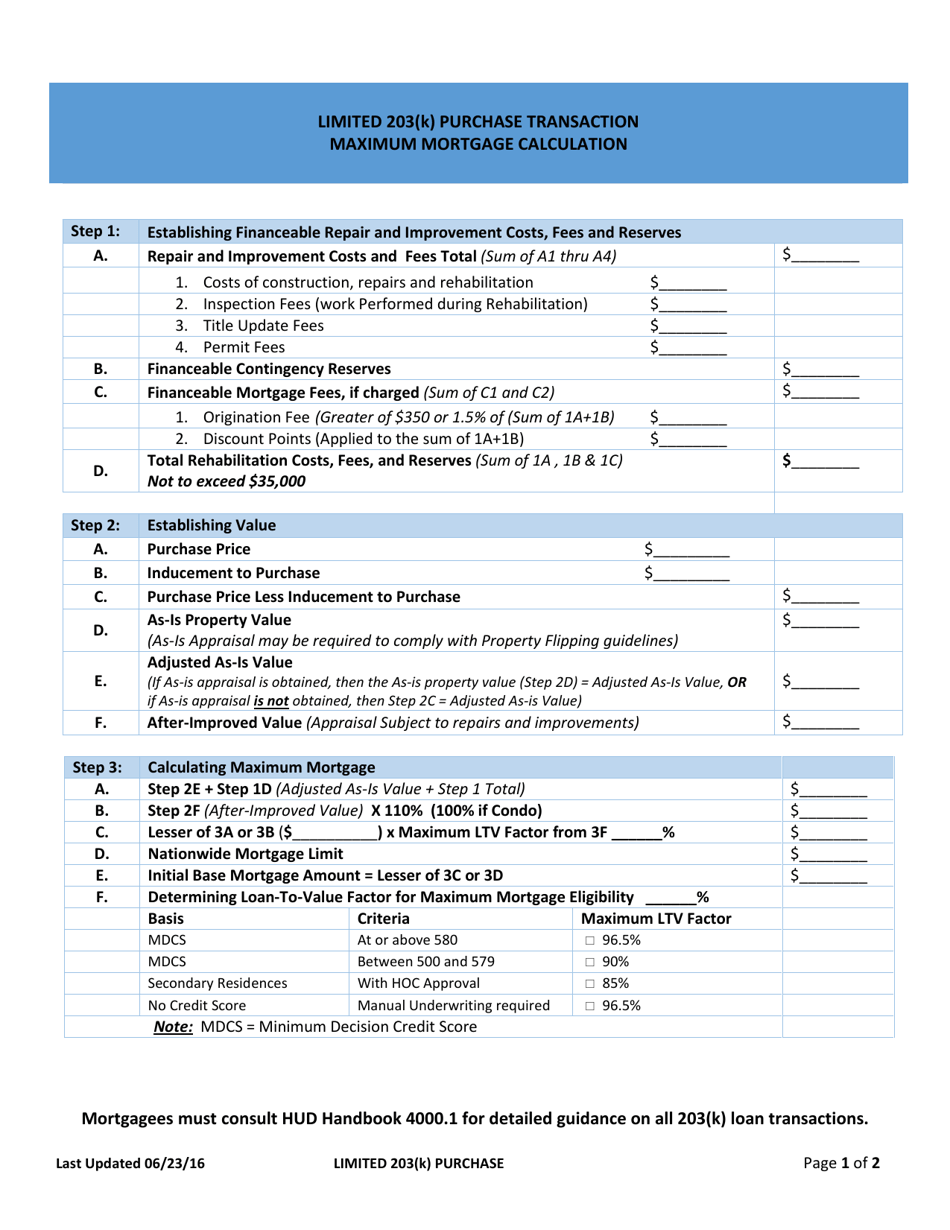 Limited 203(K) Purchase Transaction Maximum Mortgage Calculation Download  Printable PDF | Templateroller