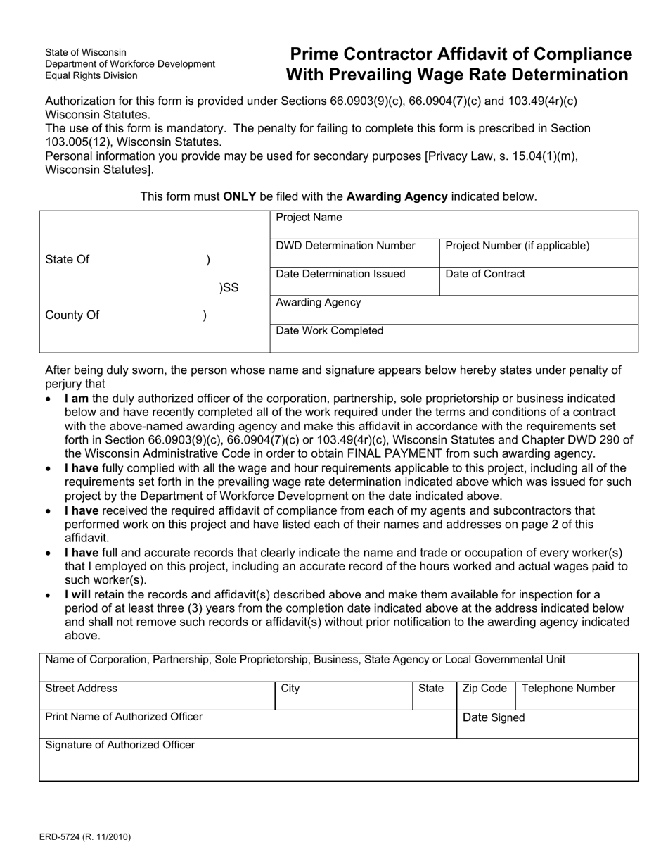 Form ERD-5724 Prime Contractor Affidavit of Compliance With Prevailing Wage Rate Determination - Wisconsin, Page 1