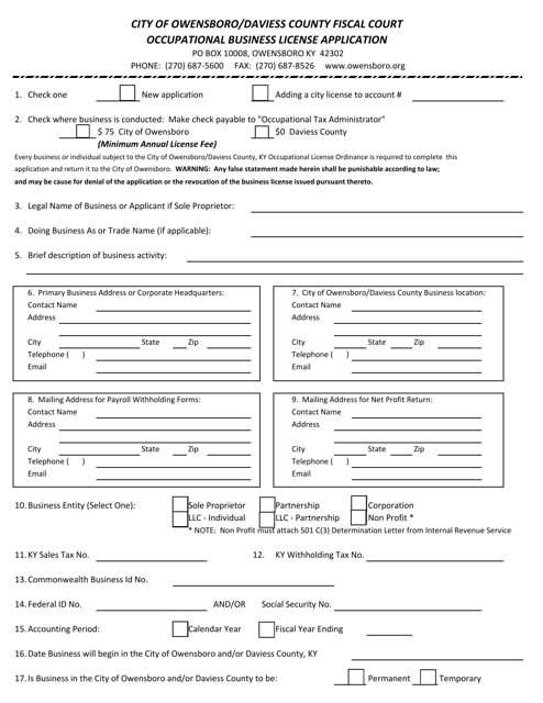 Occupational Business License Application - City of Ownesboro, Kentucky Download Pdf