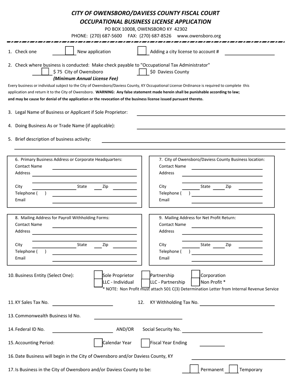 Occupational Business License Application - City of Ownesboro, Kentucky, Page 1
