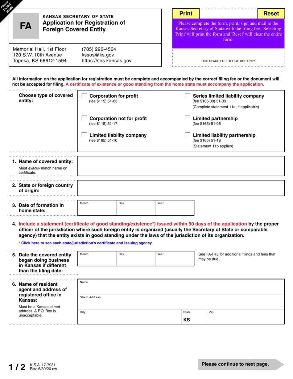 Form FA Application for Registration of Foreign Covered Entity - Kansas, Page 4