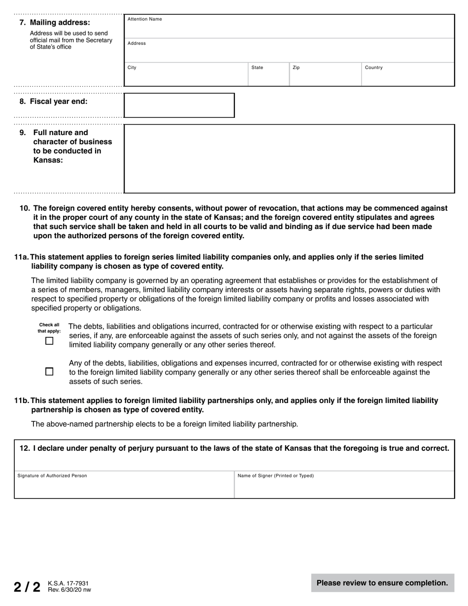Form FA Application for Registration of Foreign Covered Entity - Kansas, Page 5