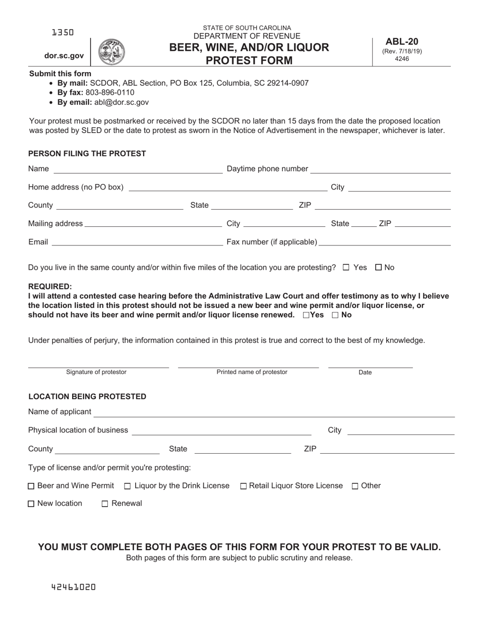 Form ABL-20 Beer, Wine, and / or Liquor Protest Form - South Carolina, Page 1