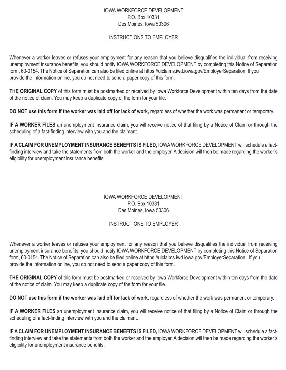 Form 60-0154 Notice of Separation or Refusal of Work Under Conditions That May Disqualify - Iowa, Page 2