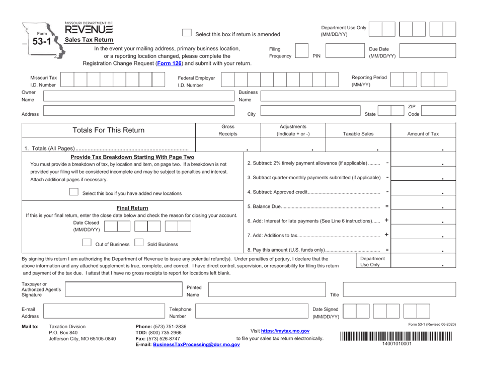 Form 53-1 Sales Tax Return - Missouri, Page 1