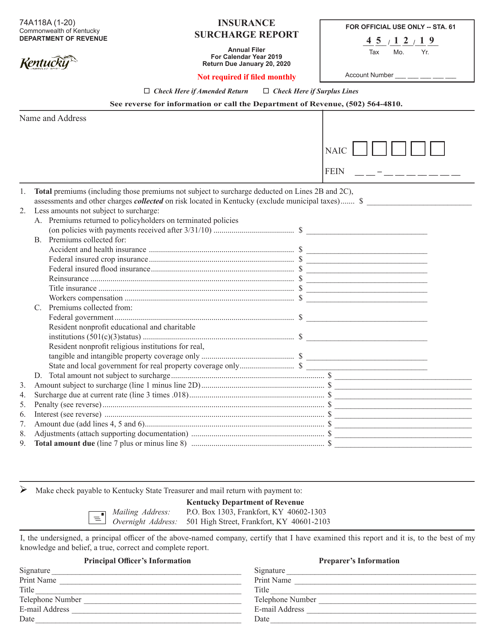 Form 74A118A Insurance Surcharge Report - Kentucky