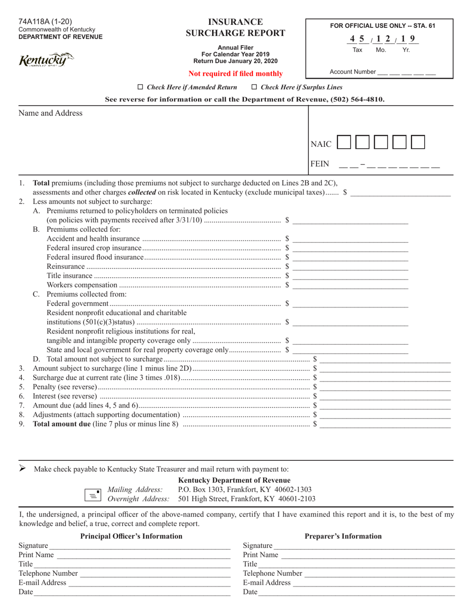 Form 74A118A Insurance Surcharge Report - Kentucky, Page 1