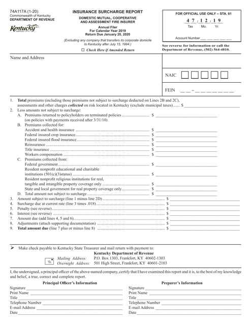 Form 74A117A Insurance Surcharge Report - Domestic Mutual, Cooperative and Assessment Fire Insurer - Kentucky, 2019