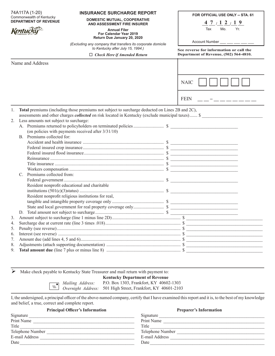 Form 74A117A Insurance Surcharge Report - Domestic Mutual, Cooperative and Assessment Fire Insurer - Kentucky, Page 1