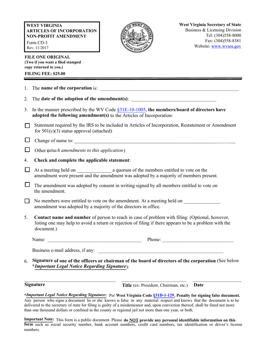 Form CD-3 West Virginia Articles of Incorporation Non-profit Amendment - West Virginia, Page 1