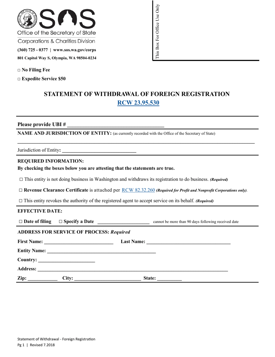 Statement of Withdrawal of Foreign Registration - Washington, Page 1