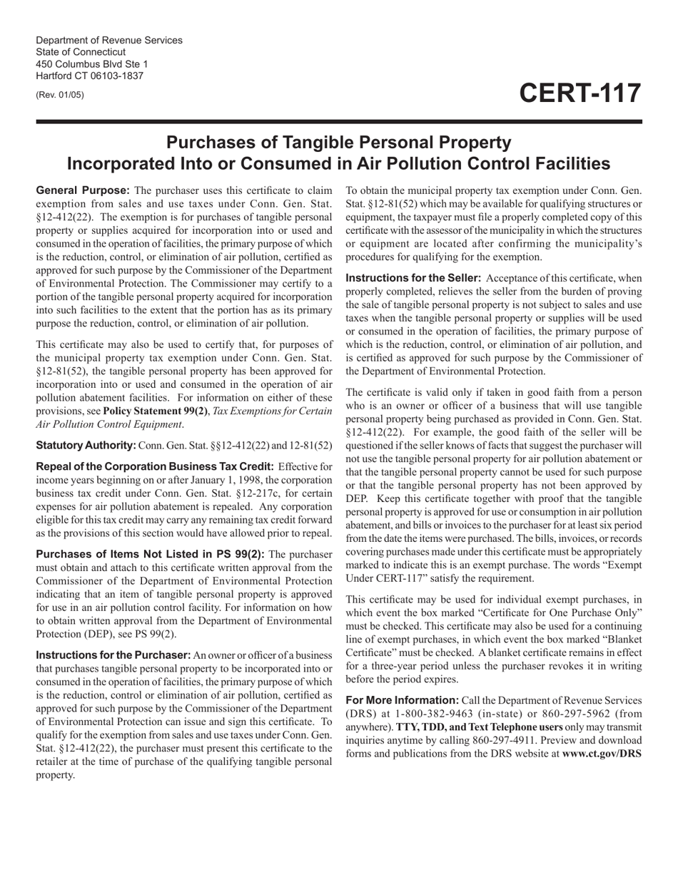 Form CERT-117 Purchases of Tangible Personal Property Incorporated Into or Consumed in Air Pollution Control Facilities - Connecticut, Page 1