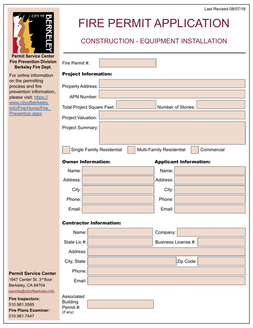 Fire Permit Application - Construction, Equipment Installation - City of Berkeley, California Download Pdf