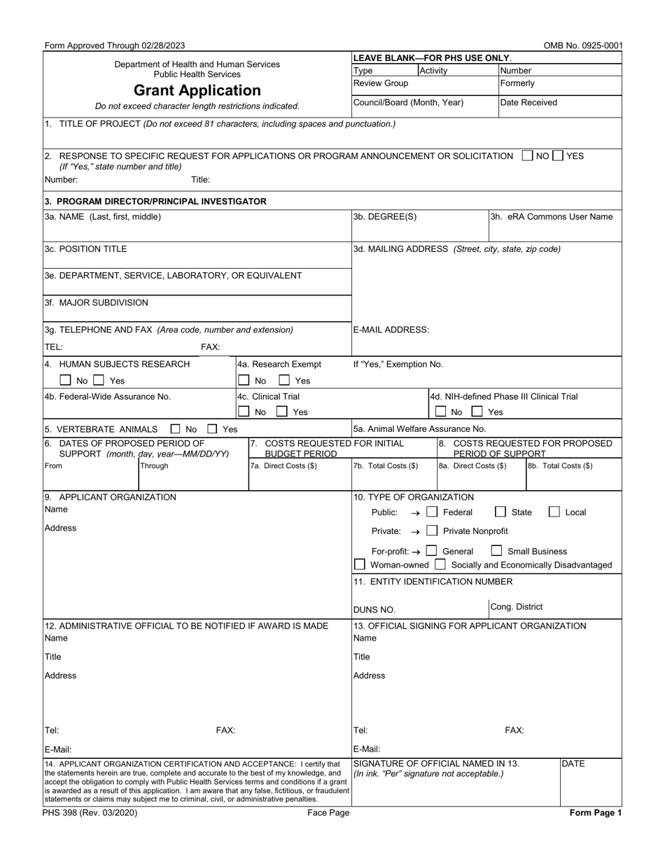 Form PHS398 Grant Application, Page 1