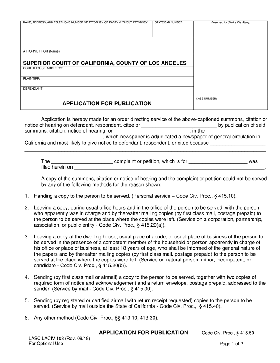 Form LASC LACIV108 Application for Publication - County of Los Angeles, California, Page 1
