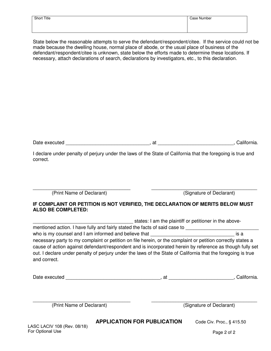 Form LASC LACIV108 - Fill Out, Sign Online and Download Fillable PDF ...