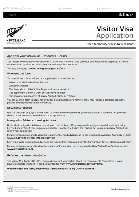 Form INZ1017 Visitor Visa Application for a Temporary Stay in New Zealand - New Zealand