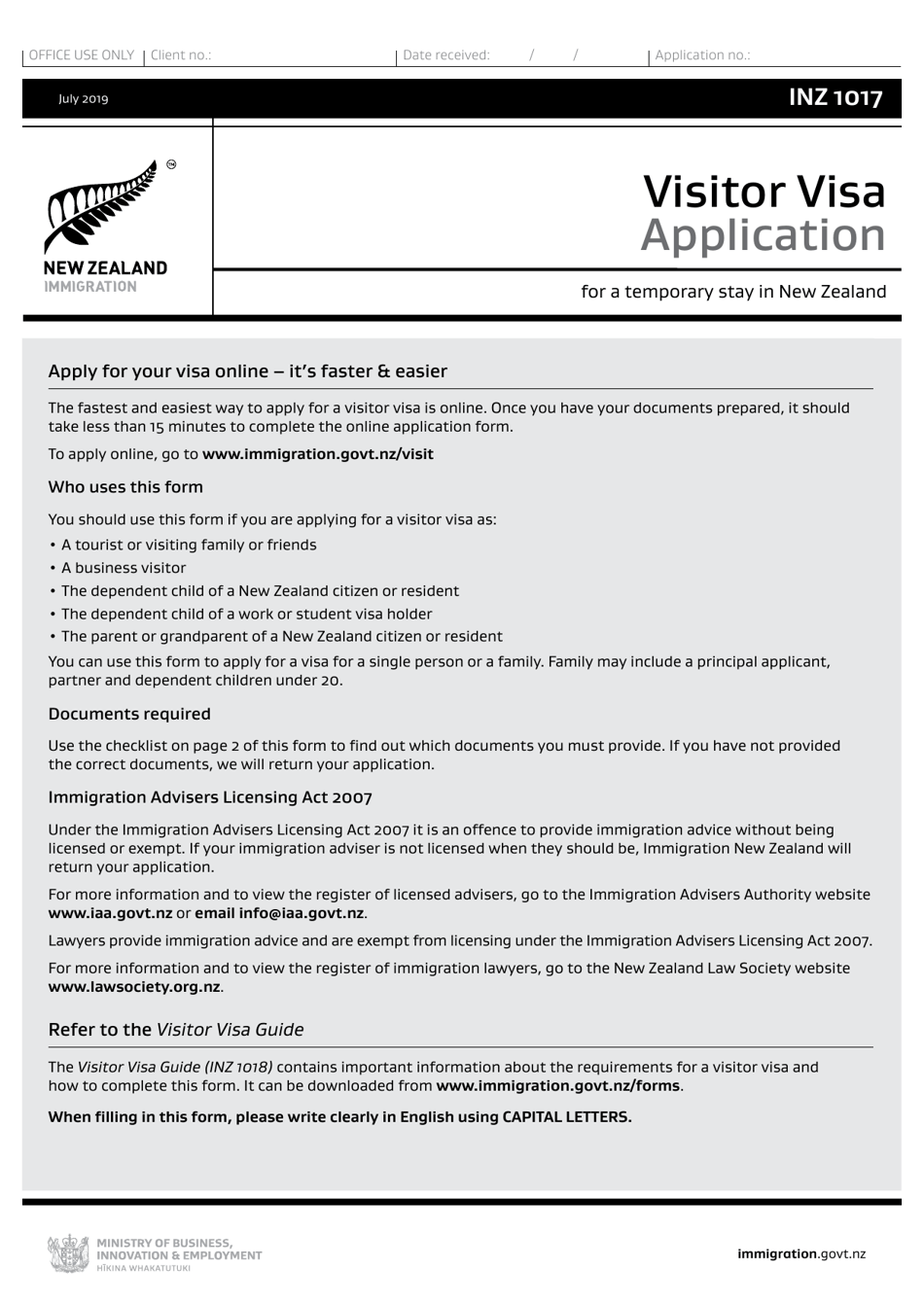 Form INZ1017 Visitor Visa Application for a Temporary Stay in New Zealand - New Zealand, Page 1