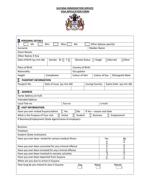 Guyana Visa Application Form - Guyana