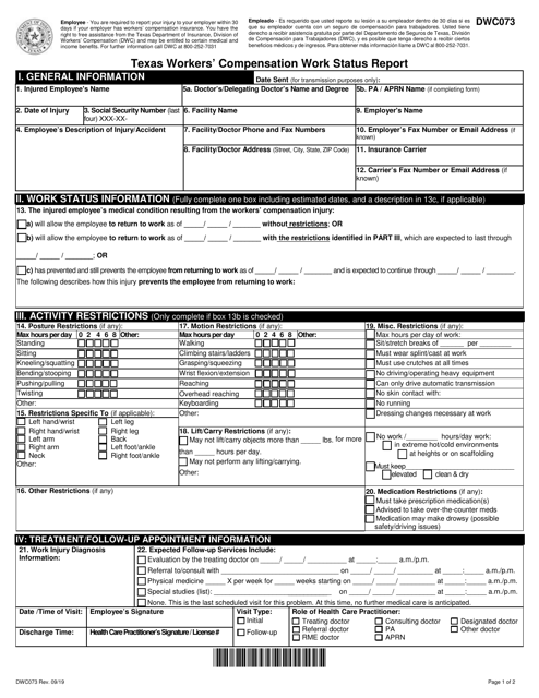 DWC Form 073 Texas Workers' Compensation Work Status Report - Texas