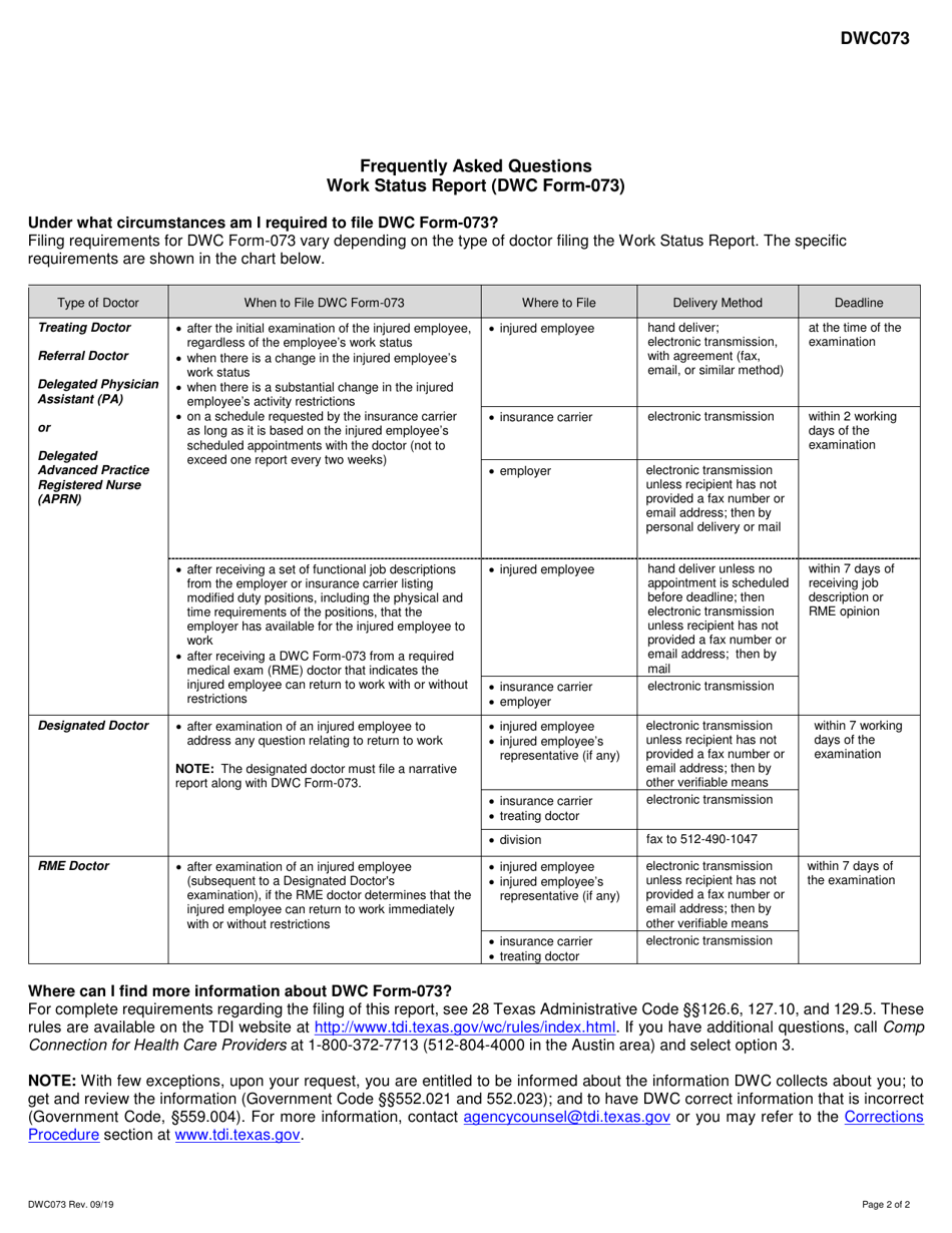 DWC Form 073 - Fill Out, Sign Online and Download Fillable PDF, Texas ...