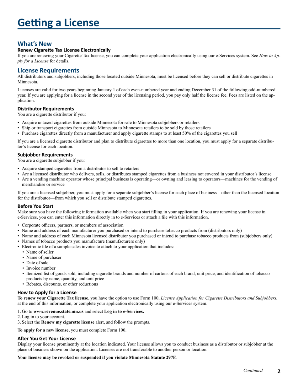 Form CT100 License Application for Cigarette Distributors and Subjobbers - Minnesota, Page 2