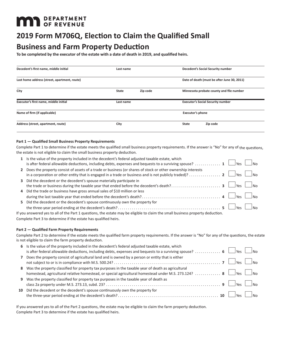 Form M706Q Election to Claim the Qualified Small Business and Farm Property Deduction - Minnesota, Page 1