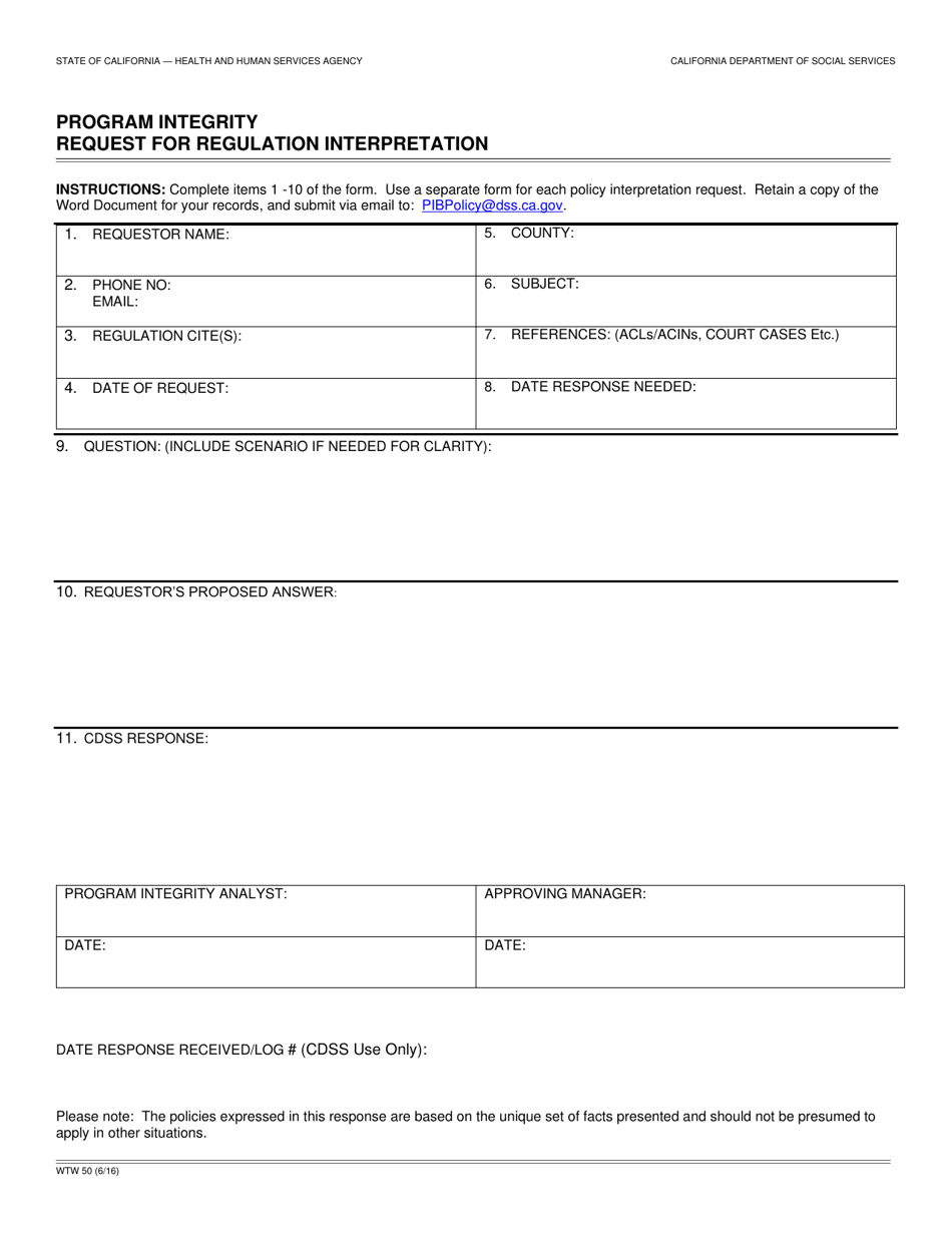 Form WTW50 Program Integrity Request for Policy Interpretation - California, Page 1