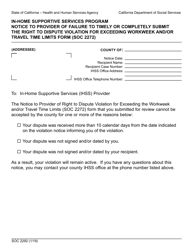 Document preview: Form SOC2292 In-home Supportive Services Program Notice to Provider of Failure to Timely or Completely Submit the Right to Dispute Violation for Exceeding Workweek and/or Travel Time Limits Form (Soc 2272) - California